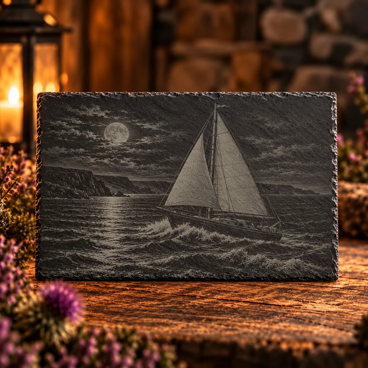 Moonlit Sail Coastal Slate Art