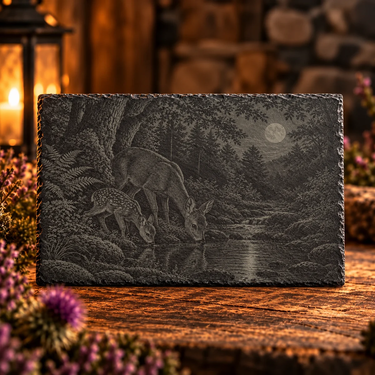 Roe Deer at the Stream Woodland Slate Art