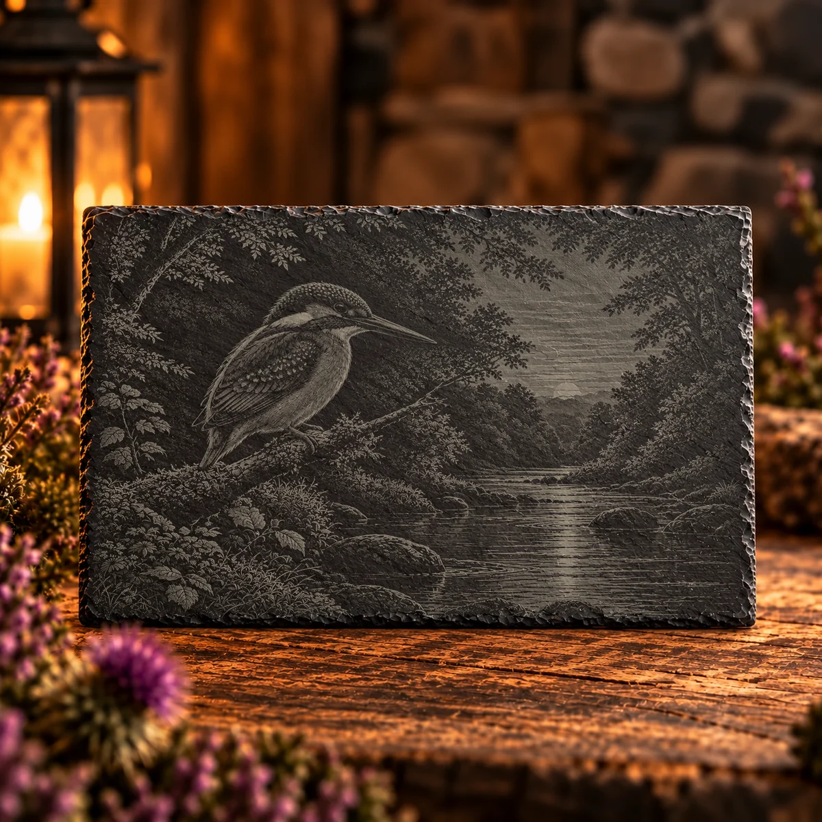 Kingfisher at Dusk Woodland Slate Art