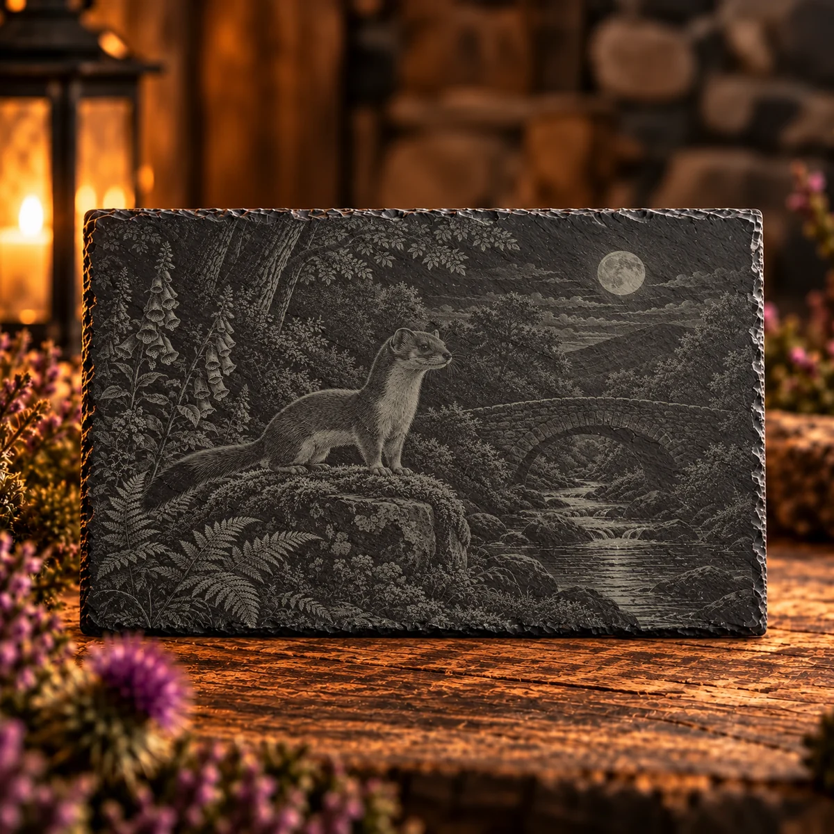 Stoat in Moonlight Woodland Slate Art