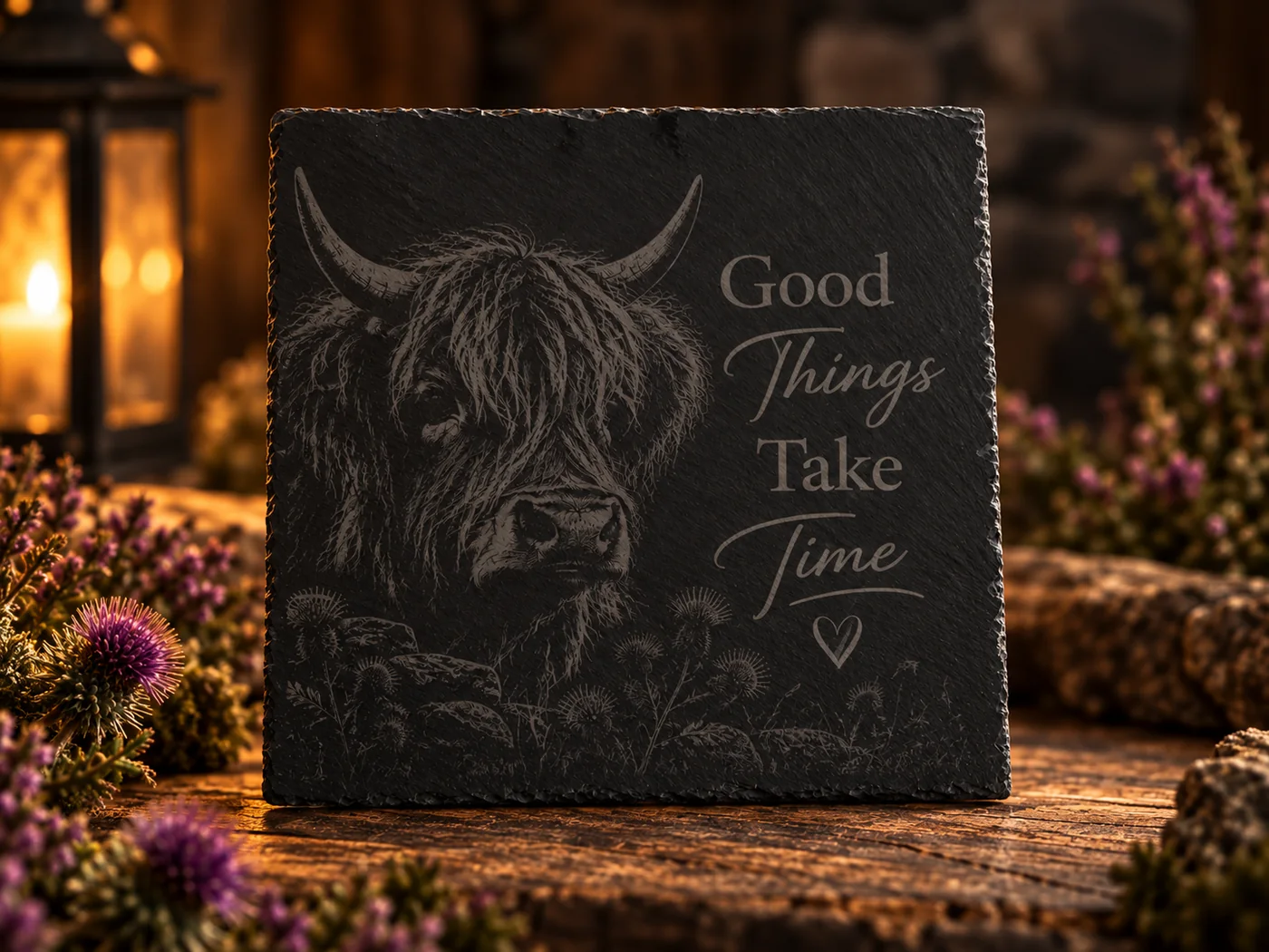 Detailed Highland cow engraving on natural slate