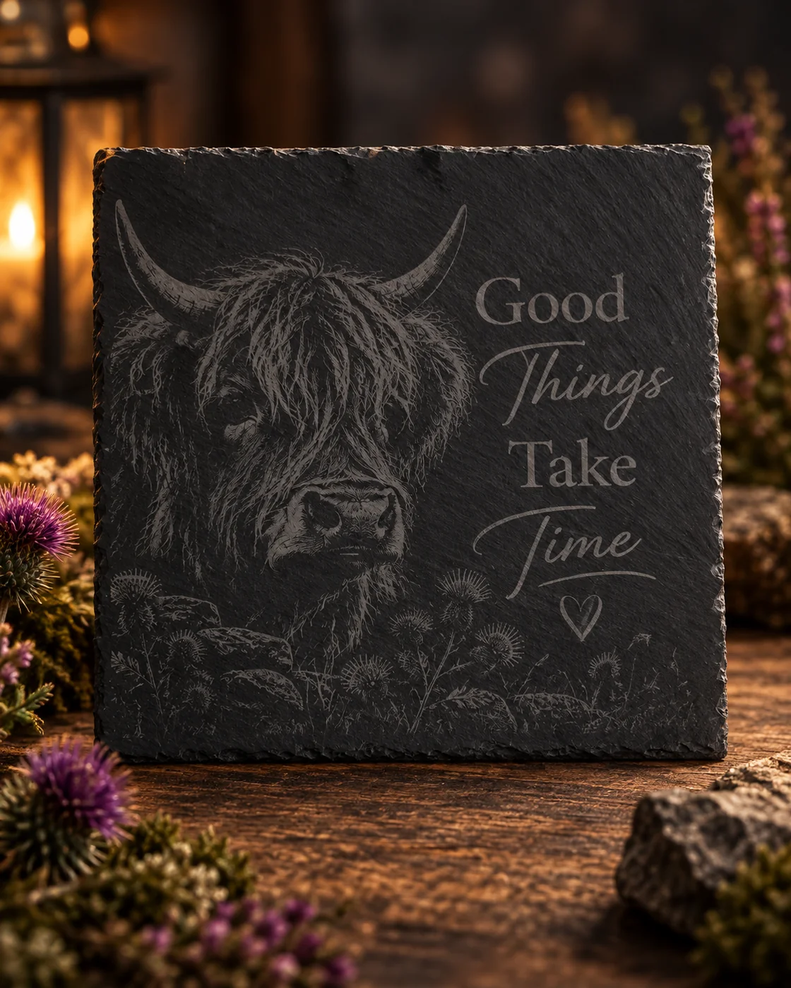 Good Things Take Time Highland cow engraved slate