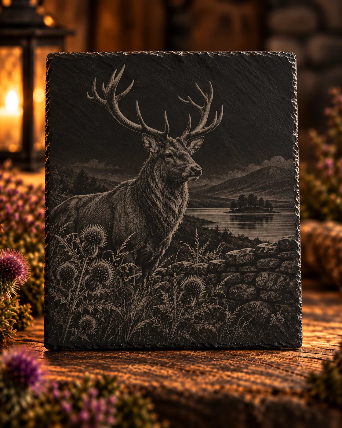 Stag engraved on natural slate